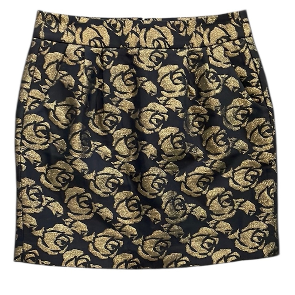 LOFT Black and Gold Shimmer Embellished Roses Mini Skirt 2 EUC